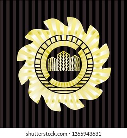 buildings icon inside gold emblem