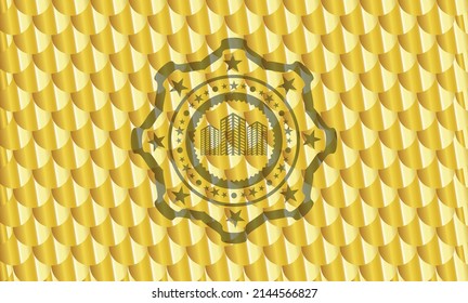 buildings icon inside golden emblem or badge. Scales pattern. Vector Illustration. Detailed. 