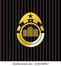 buildings icon inside golden emblem. 