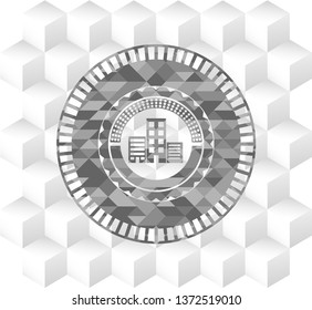 buildings icon inside grey badge with geometric cube white background