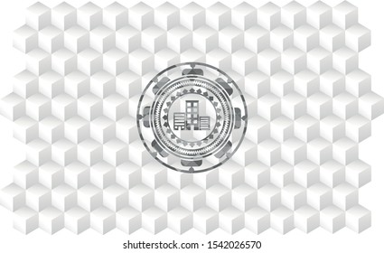 buildings icon inside grey badge with geometric cube white background
