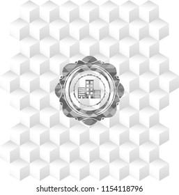 buildings icon inside grey icon or emblem with geometric cube white background