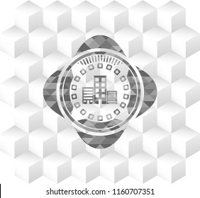 buildings icon inside grey emblem. Retro with geometric cube white background