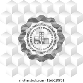 buildings icon inside grey emblem. Retro with geometric cube white background