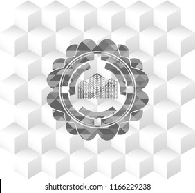 buildings icon inside grey emblem. Vintage with geometric cube white background