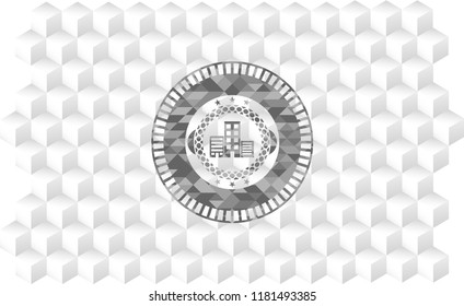 buildings icon inside grey emblem. Retro with geometric cube white background
