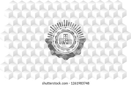 buildings icon inside grey emblem with geometric cube white background