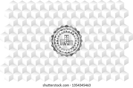 buildings icon inside grey emblem with geometric cube white background