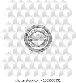 buildings icon inside grey icon or emblem with geometric cube white background