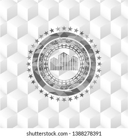 buildings icon inside grey emblem. Retro with geometric cube white background