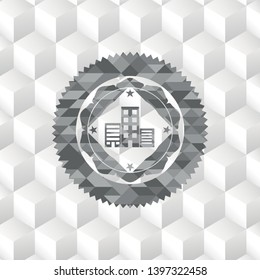 buildings icon inside grey emblem. Vintage with geometric cube white background