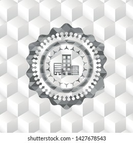 buildings icon inside grey emblem. Retro with geometric cube white background