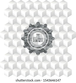 buildings icon inside grey emblem. Retro with geometric cube white background