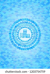 buildings icon inside light blue emblem with mosaic background