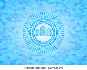 buildings icon inside light blue emblem with mosaic ecological style background