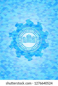 buildings icon inside light blue emblem. Mosaic background