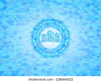 buildings icon inside light blue emblem with triangle mosaic background