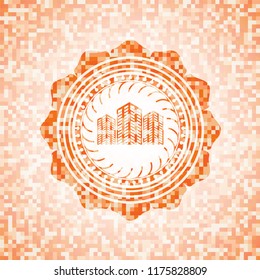 buildings icon inside orange mosaic emblem