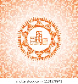 buildings icon inside orange mosaic emblem