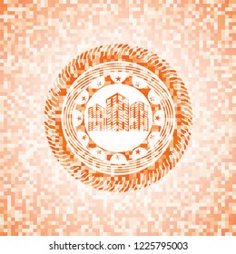 buildings icon inside orange mosaic emblem