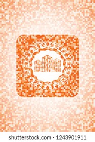 buildings icon inside orange mosaic emblem with background