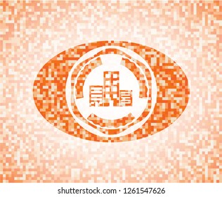 buildings icon inside orange mosaic emblem