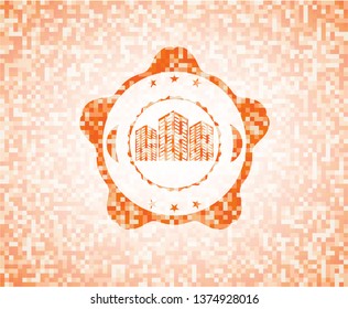 buildings icon inside orange mosaic emblem with background