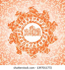 buildings icon inside orange mosaic emblem