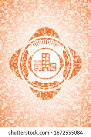 icono de edificios dentro del emblema de mosaico naranja