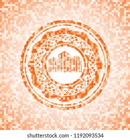 buildings icon inside orange tile background illustration. Square geometric mosaic seamless pattern with emblem inside.