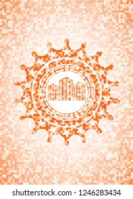 buildings icon inside orange tile background illustration. Square geometric mosaic seamless pattern with emblem inside.
