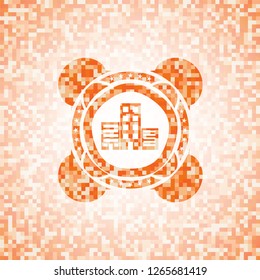 buildings icon inside orange tile background illustration. Square geometric mosaic seamless pattern with emblem inside.