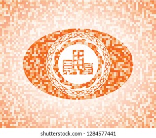 buildings icon inside orange tile background illustration. Square geometric mosaic seamless pattern with emblem inside.