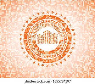 buildings icon inside orange tile background illustration. Square geometric mosaic seamless pattern with emblem inside.