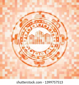 buildings icon inside orange tile background illustration. Square geometric mosaic seamless pattern with emblem inside.