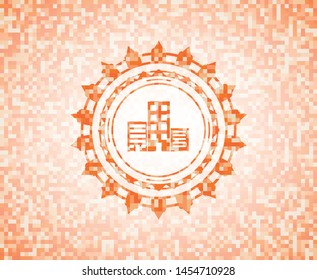 buildings icon inside orange tile background illustration. Square geometric mosaic seamless pattern with emblem inside.