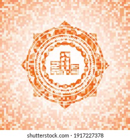 buildings icon inside orange tile background illustration. Square geometric mosaic seamless pattern with emblem inside. 