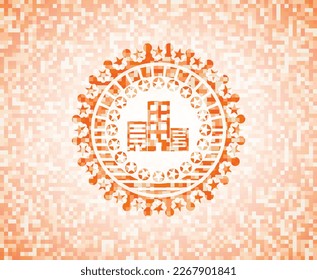 buildings icon inside orange tile background illustration. Square geometric mosaic seamless pattern with emblem inside. 