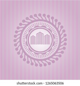 buildings icon inside pink emblem. Retro