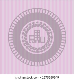 buildings icon inside pink emblem. Vintage.