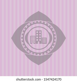 buildings icon inside pink emblem. Vintage.