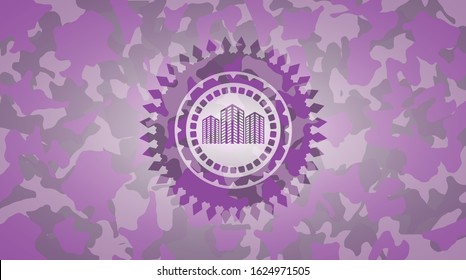 buildings icon inside pink and purple camouflage texture