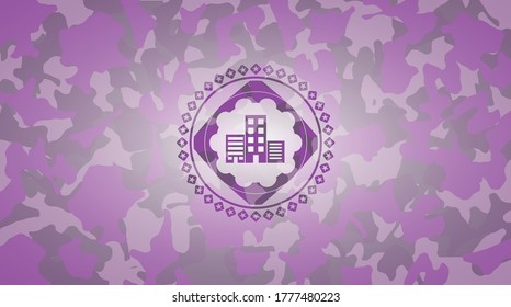 buildings icon inside pink and purple camouflage texture. 