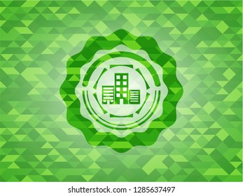 buildings icon inside realistic green emblem. Mosaic background