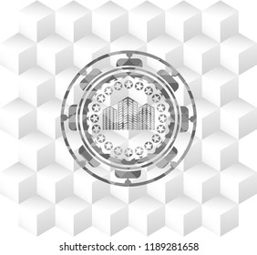 buildings icon inside realistic grey emblem with cube white background