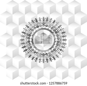 buildings icon inside realistic grey emblem with geometric cube white background