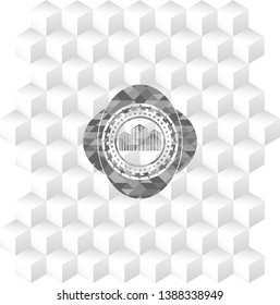 buildings icon inside realistic grey emblem with geometric cube white background