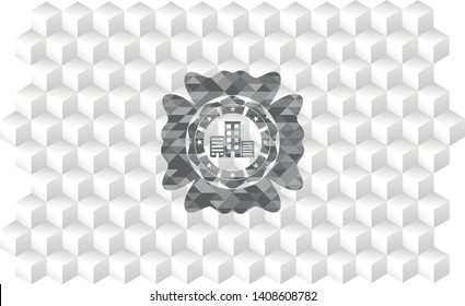 buildings icon inside realistic grey emblem with cube white background