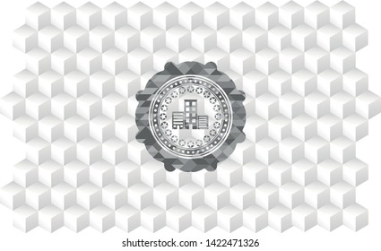 buildings icon inside realistic grey emblem with geometric cube white background