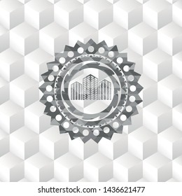 buildings icon inside realistic grey emblem with cube white background